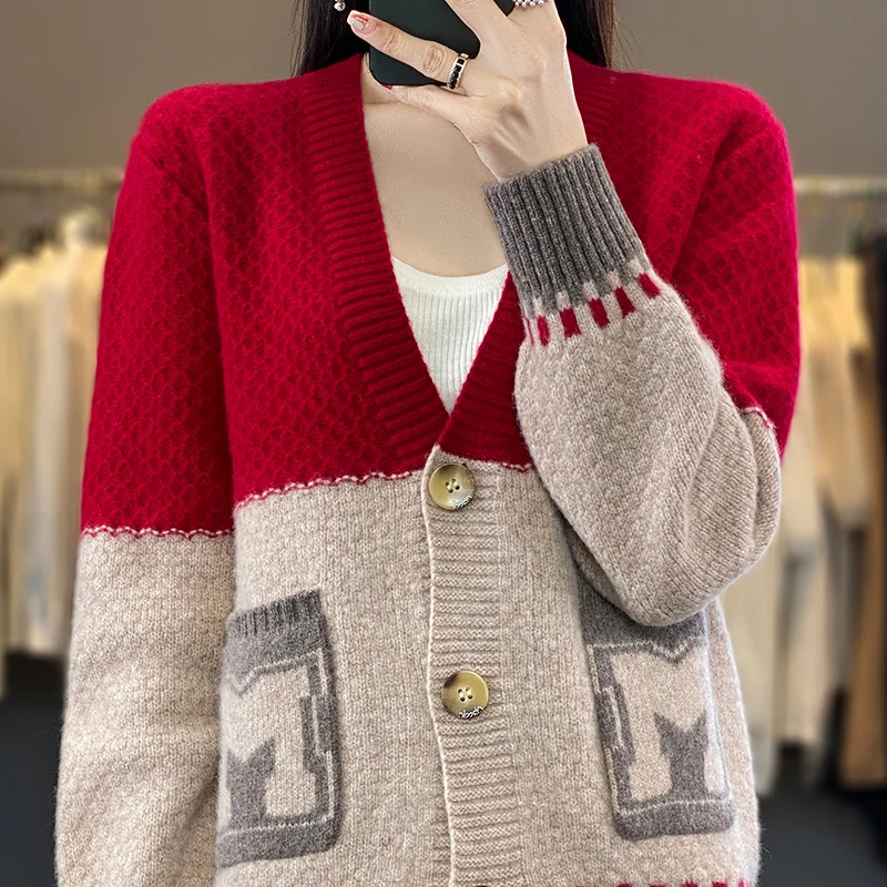 New 100% Merino Wool V-neck Cardigan with Contrast Pocket Women's Knitted Sweater Thickened Loose Casual Top