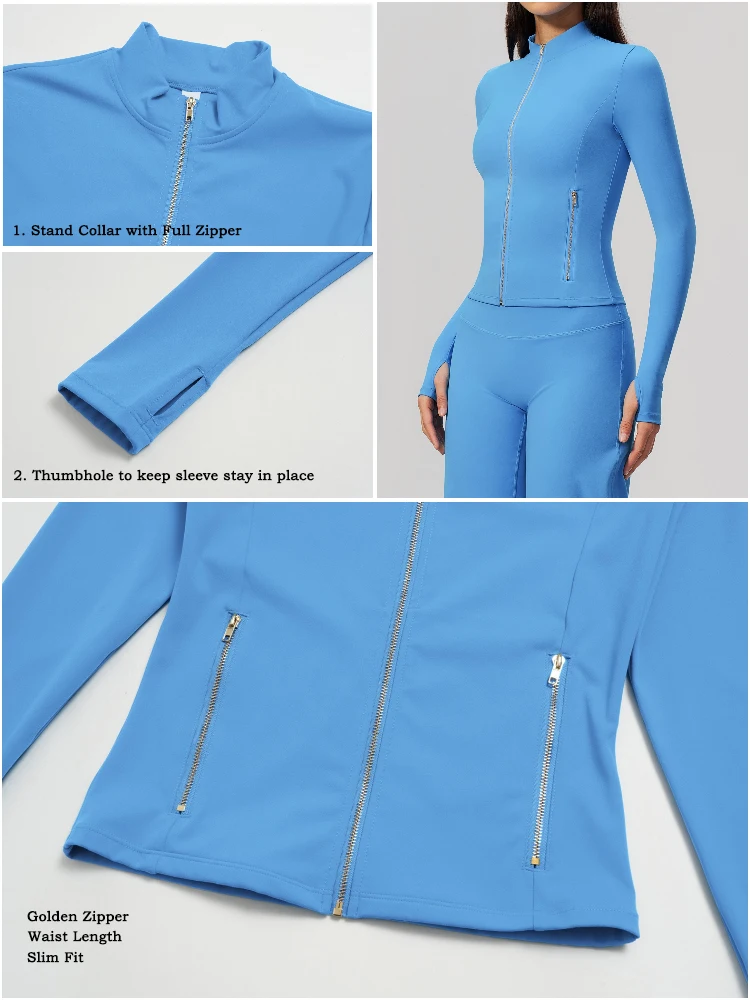 VITALINOVO Damen-Sportjacken mit goldenem Reißverschluss, leicht, mit Daumenlöchern, schmale Passform, für Workout, Laufen, mit Reißverschluss – Detail 10