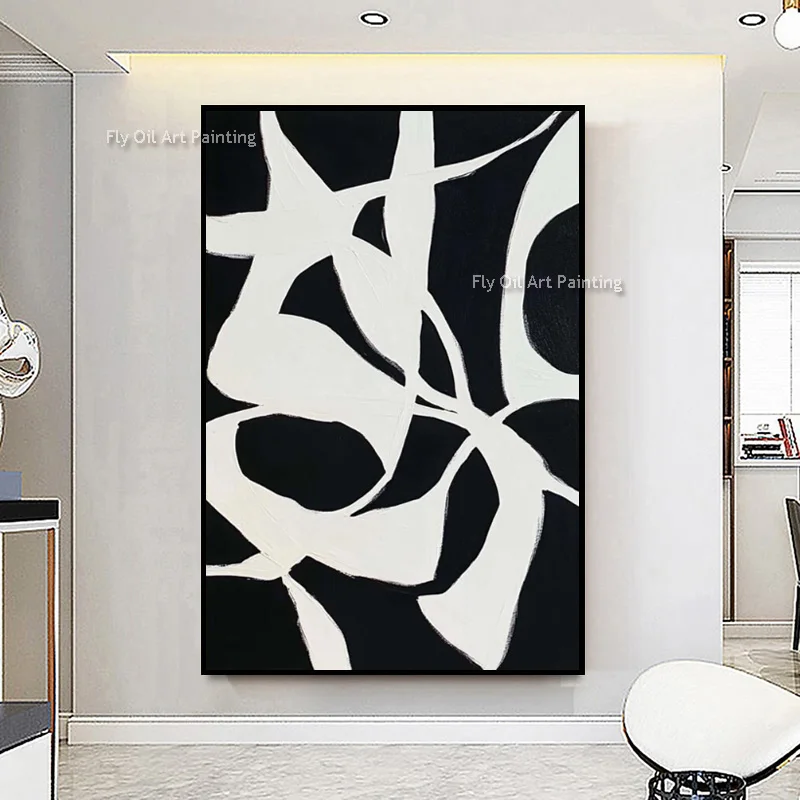 Popular Black And White Abstract Oil Painting Decor For Room Handpainted New Original Design Black And Golden Canvas Wall Art