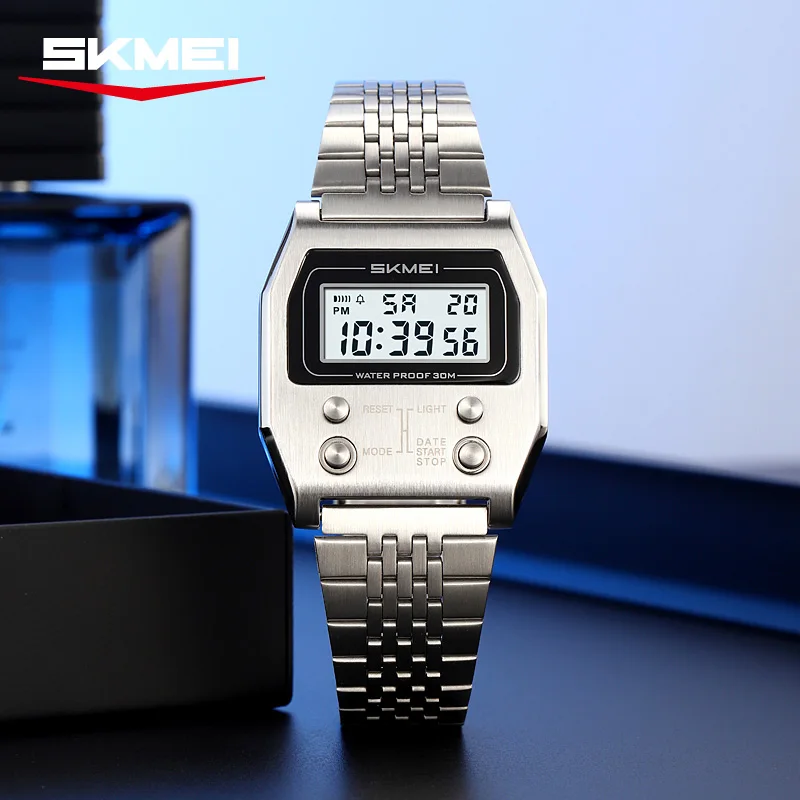 SKMEI 2460 ساعة رقمية مقاومة للماء للرجال الفولاذ المقاوم للصدأ الرياضة الفاخرة ريترو LED الإلكترونية ساعات المعصم الرجالية Reloj Hombre
