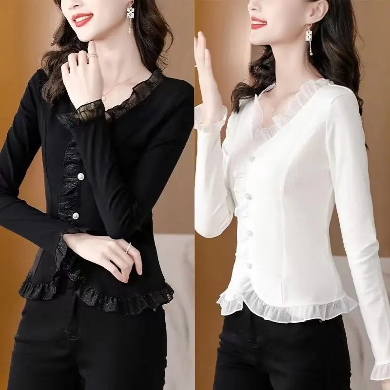 Spring Autumn Fashion V-neck Ruffles Long Sleeve Pleated Blouses Women\'s Clothing Lace Sweet Korean All-match Simplicity Shirts