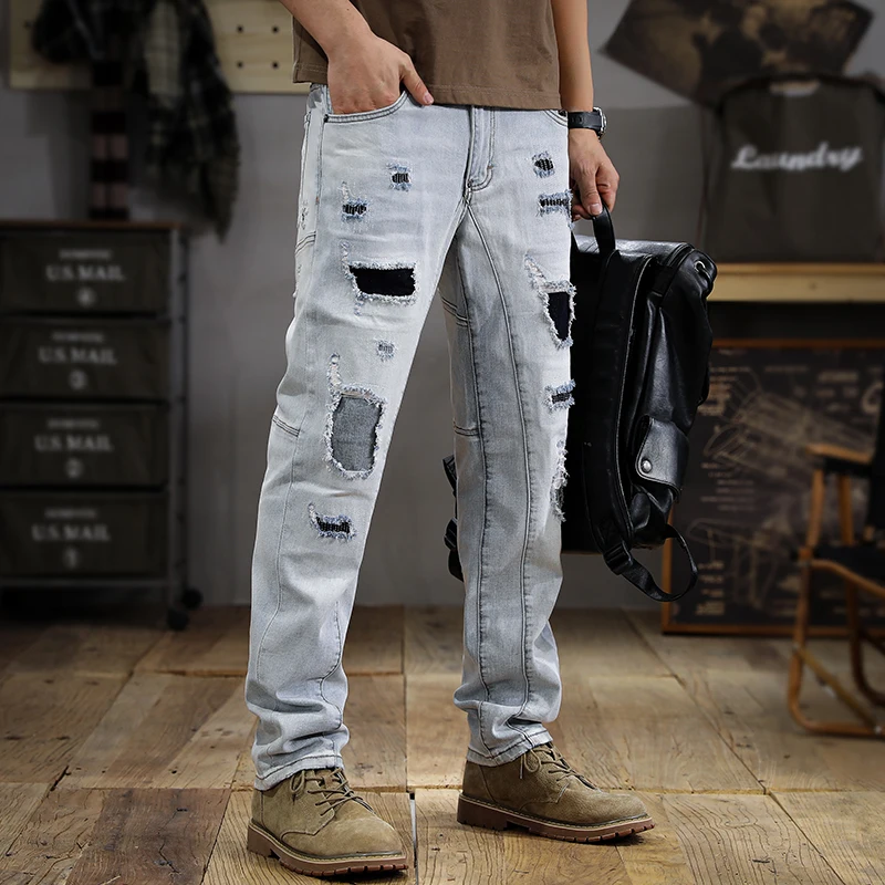 Summer Washed Wear-White Ripped Jeans Men\'s Slim Fit Straight Ankle-Tied Vintage Trendy Casual Street Motorcycle Trousers