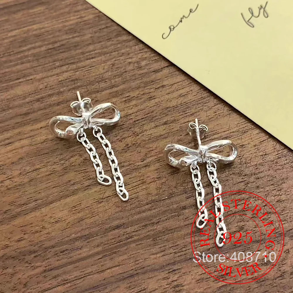 

925 Sterling Silver Jewelry Simple Bowknot Line Tassel Stud Earrings for Women Wedding Party Jewelry for Girls Friend Gift