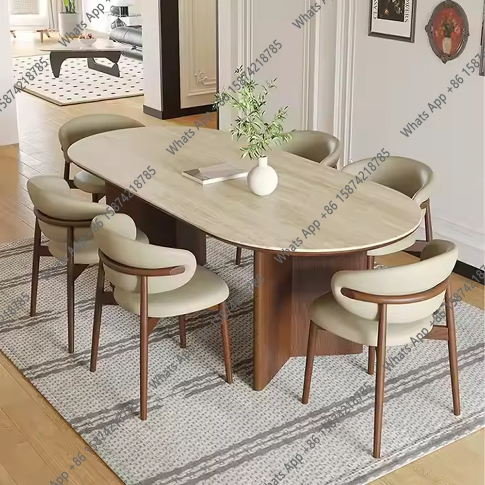 

X French Modern Design High-End Dining Table With Mid-Antique Oval Travertine Slate Bamboo Chair Solid Wood Home Furniture