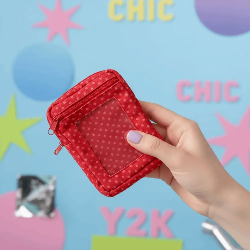 Red Polka Dot Coin Purse Retro Style Canvas Fabric Photocard Holder Lightweight Zippered Clear Window Pouch Quick Shopping