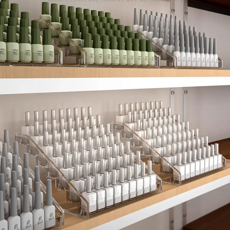Soporte de exhibición de esmalte de uñas multicapa transparente acrílico, caja de almacenamiento de lápiz labial, estante de exhibición de mesa cosmético para salón de uñas de plástico