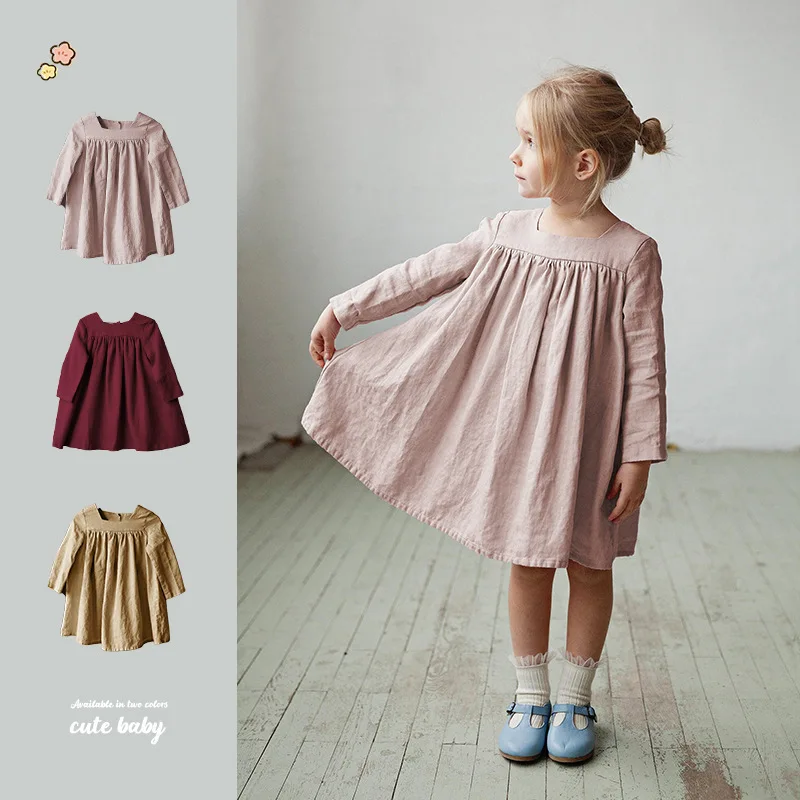 

Toddler Kids Cotton Linen Dress 2025 Autumn Solid Color Children Girls Casual Dress Korean Versatile Little Girls Princess Dress