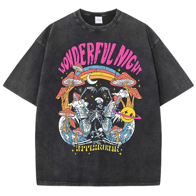 Women Casual Cotton Washed T-Shirt Wonderful Night Skeleton Butterfly Wave Printing Tops Fashion Oversize Street Female Clothing 2 Women Casual Cotton Washed T-Shirt Wonderful Night Skeleton Butterfly Wave Printing Tops Fashion Oversize Street Female Clothing 2