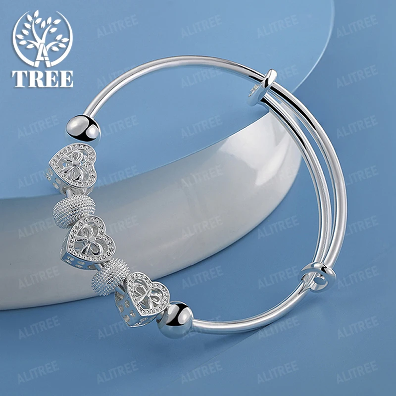

New 925 Sterling Silver Adjustable Opening Bangle Heart Bracelet Fashion Party Women Birthday Beautiful Fine Jewelry Accessories