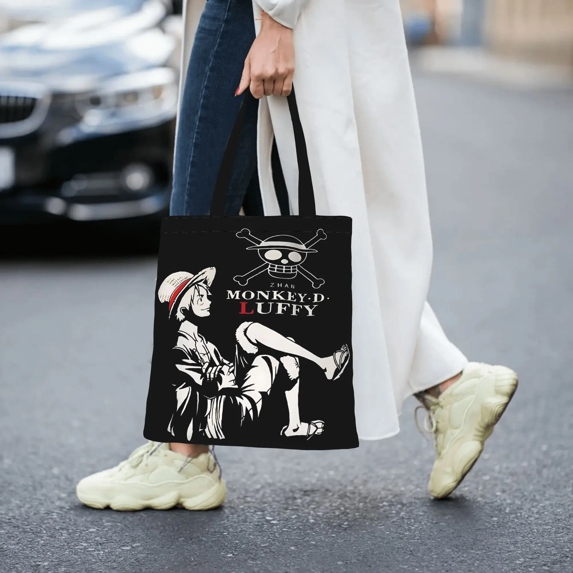 Customized One piece Luffy Women's Bag Shopping Bag Reusable Double Sided Canvas Tote Bag Shoulder  Handbag