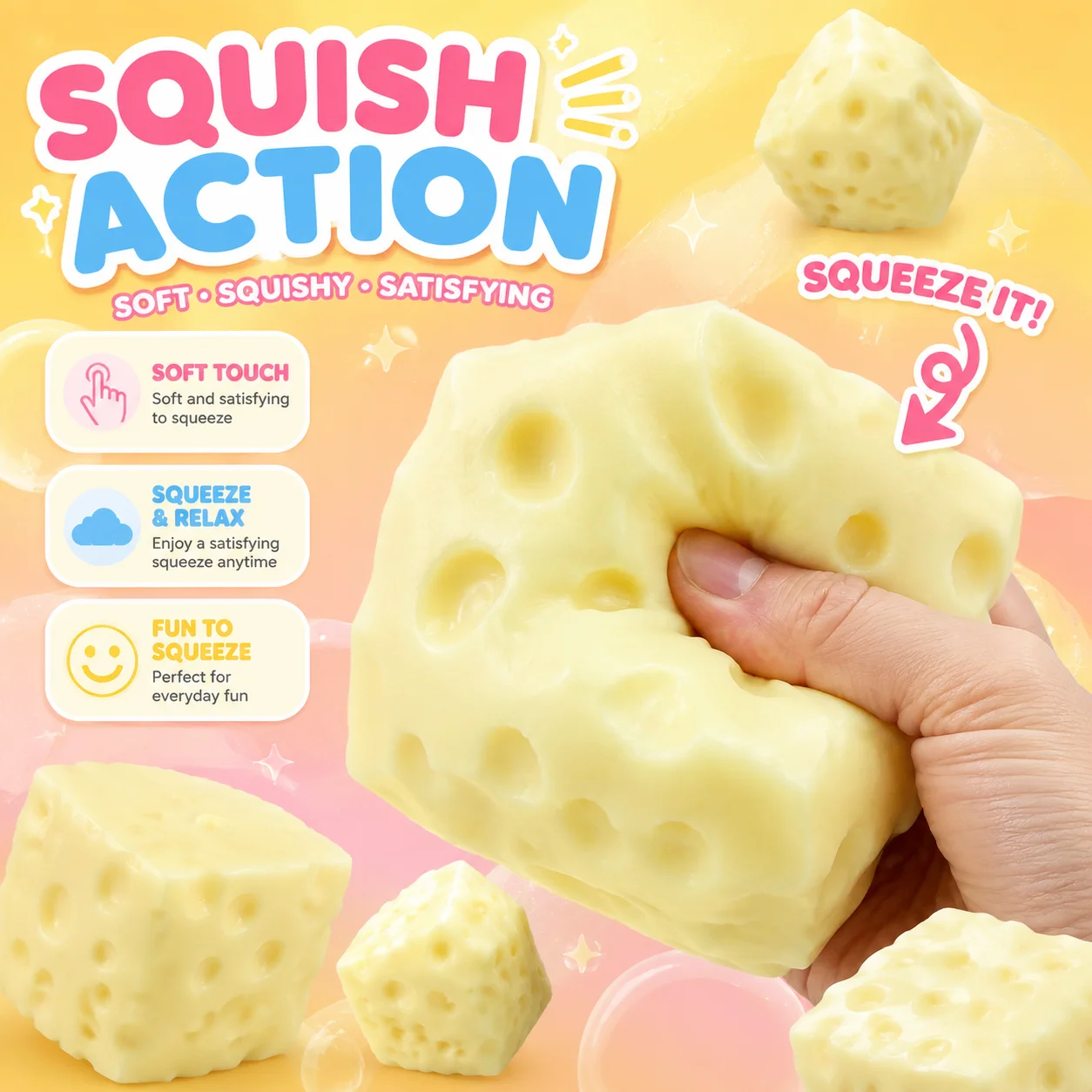 Jumbo Cheese Cube Stress Ball Shapeable Squeeze Toy Non-Bounce Fidget ASMR Sensory Anti-Stress Gift for Festival Big Cheese