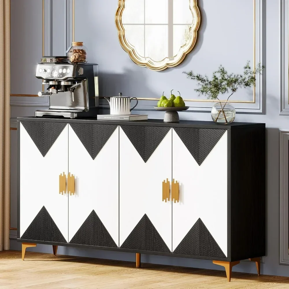 Buffet Cabinet.4-Door Sideboard Buffet Cabinet, 55-Inch Buffet Cabinet with Geometric Decorated Doors, Modern Sideboard Storage