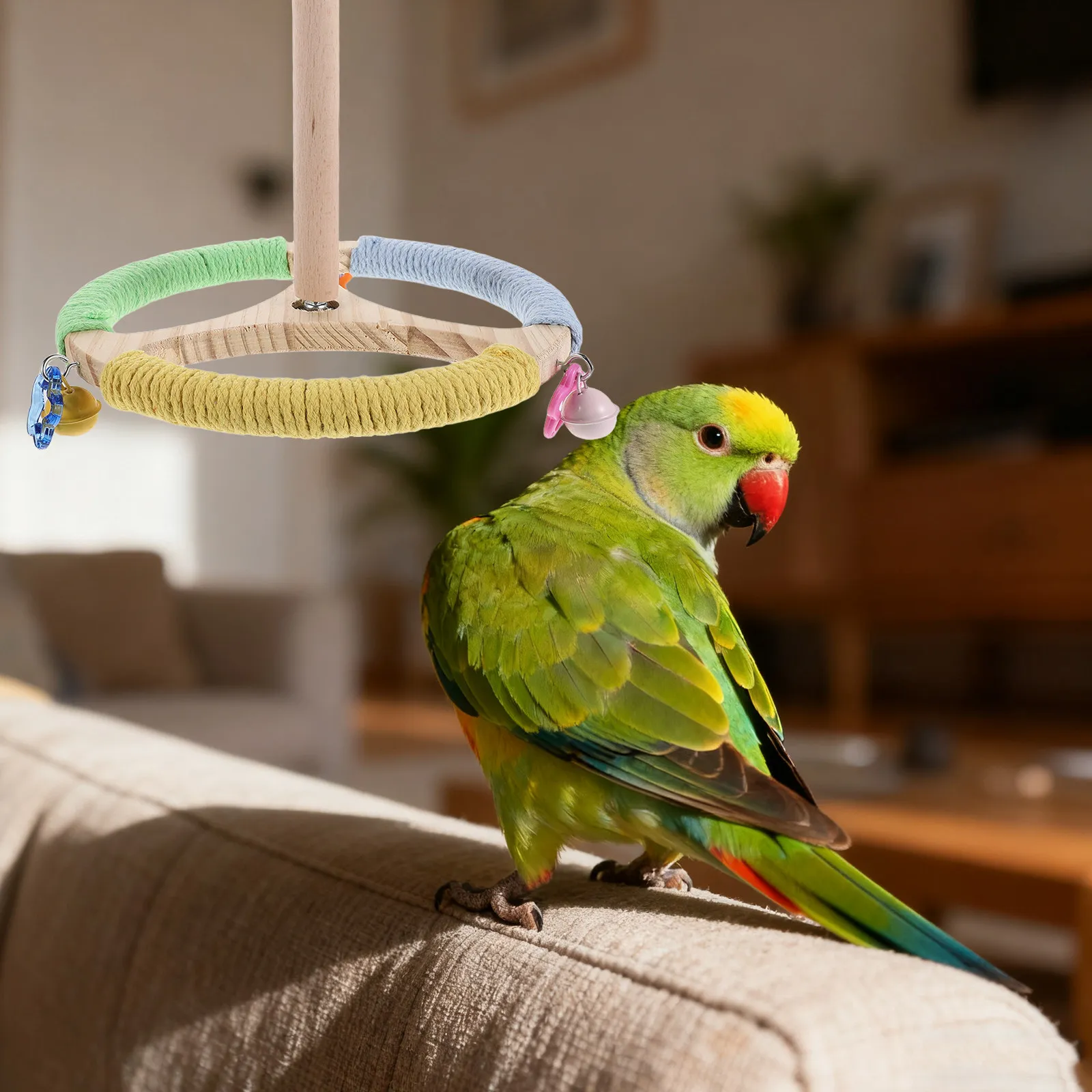 Rotating Parrot Windmill Perch Natural Wood Stand Interactive Bird Cage Accessory Grinding Perch for Parakeet Cockatiel Exercise
