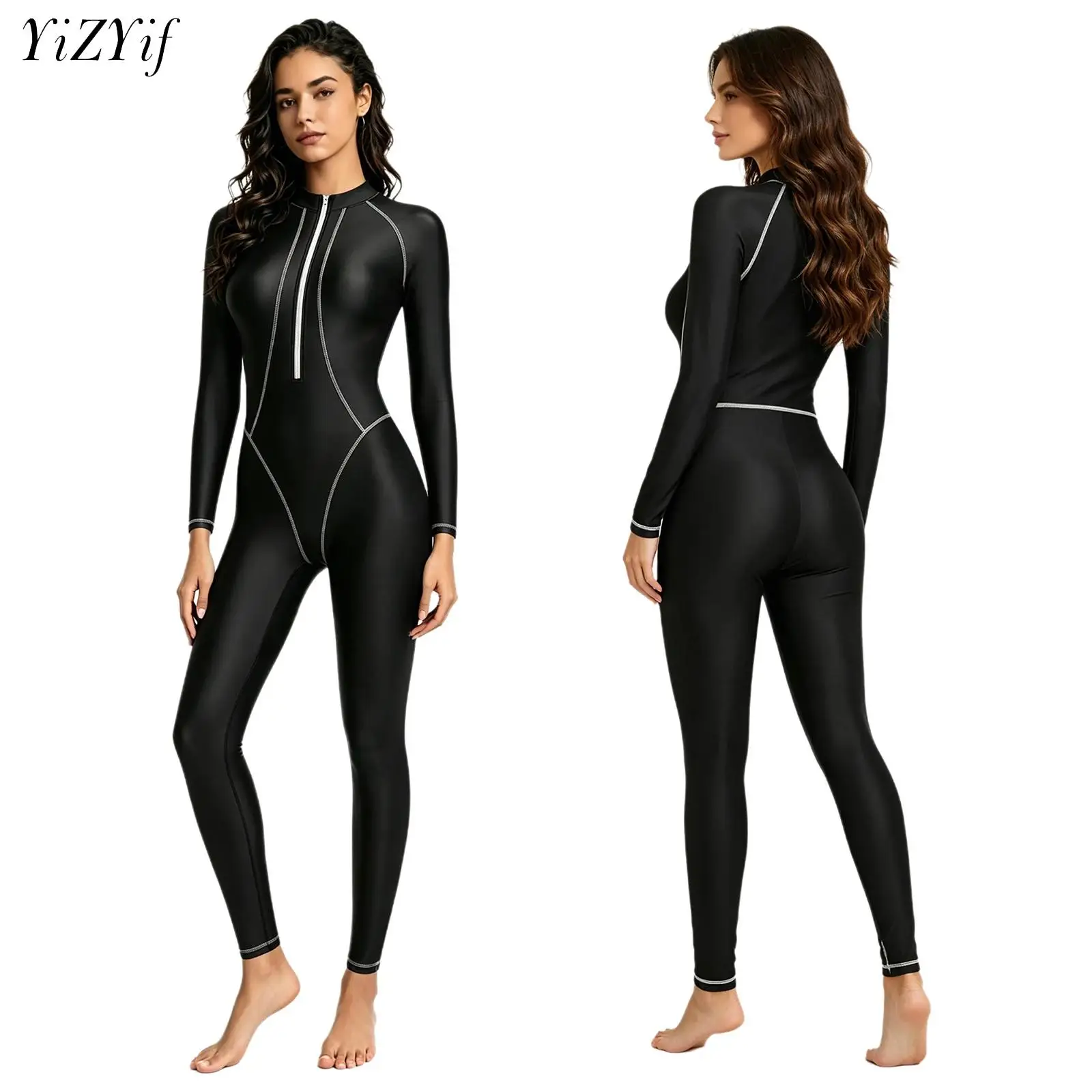 Glänzender Damen-Bodysuit, einteiliger Badeanzug, Rashguard, Stehkragen, lange Ärmel, Ganzkörper-Jumpsuit, für Fitness, Surfen, Badeanzug
