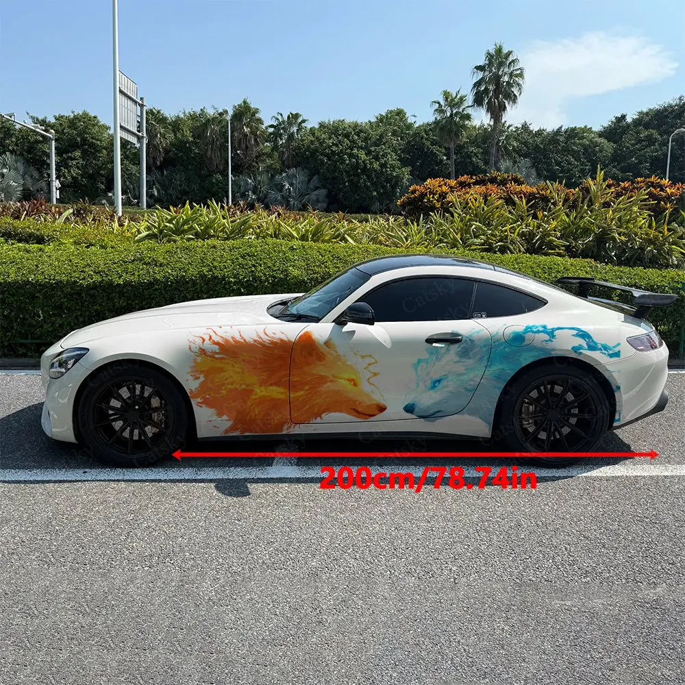 2pcs Fire Ice Opposing Wolves Car Side Wraps, Self-Adhesive PVC Waterproof & Scratch-Resistant Stickers, Car Accessory Gift