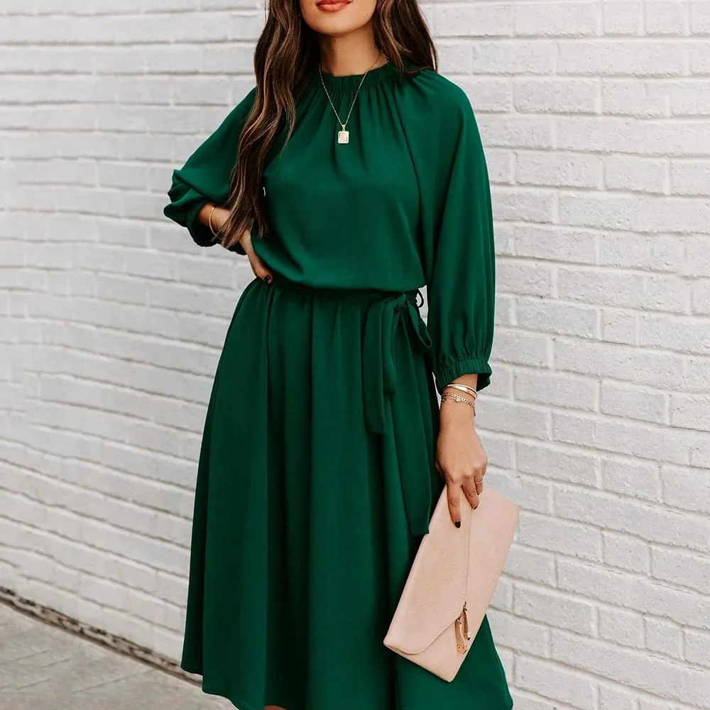 Summer Green Fashion Lace Up Dress For Women's O Neck Elegant Ladies Half Sleeve Big Swing Party Dresses 2022 Spring Robe Femme