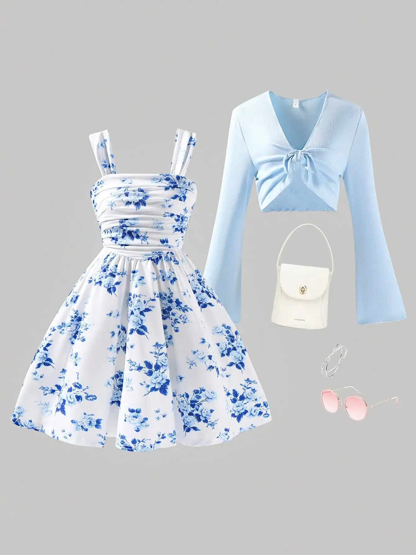 

Blue Floral Print Sleeveless A-Line Dress with Light Blue Knit Bolero Cardigan for Girls