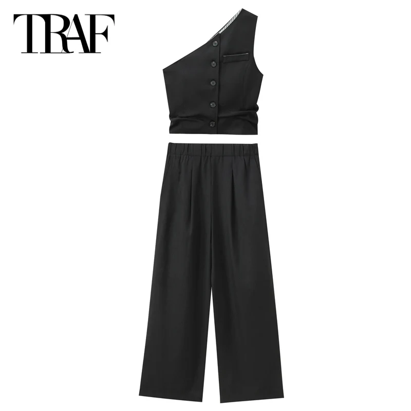 TRAF Elegant Pants Set For Women 2 Pieces Trouser Set 2024 Summer Autumn Off Shoulder Cropped Tank Top Baggy Pants Black Outfit