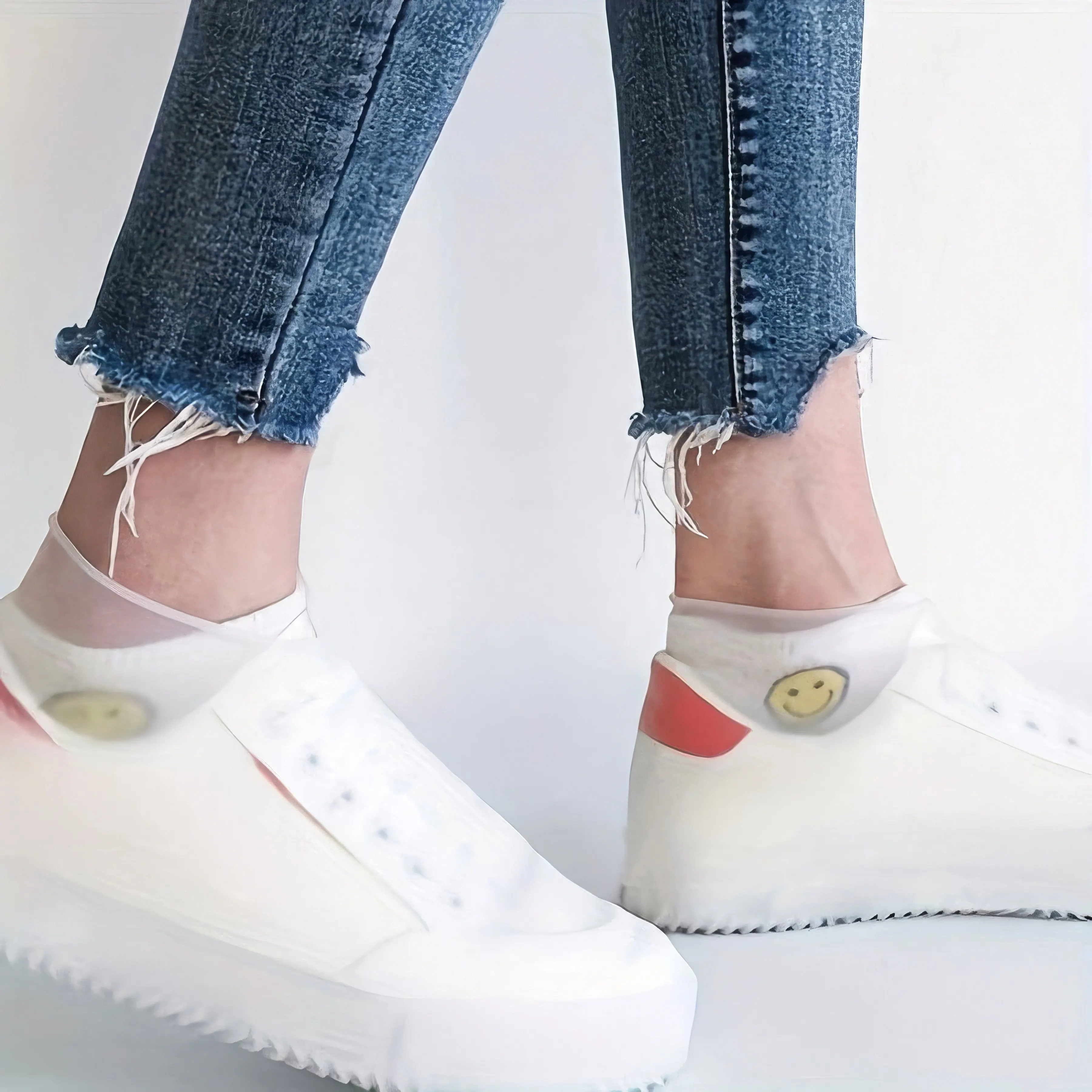 

These images showcase a pair of waterproof latex overshoes, designed to protect everyday footwear in wet conditions.