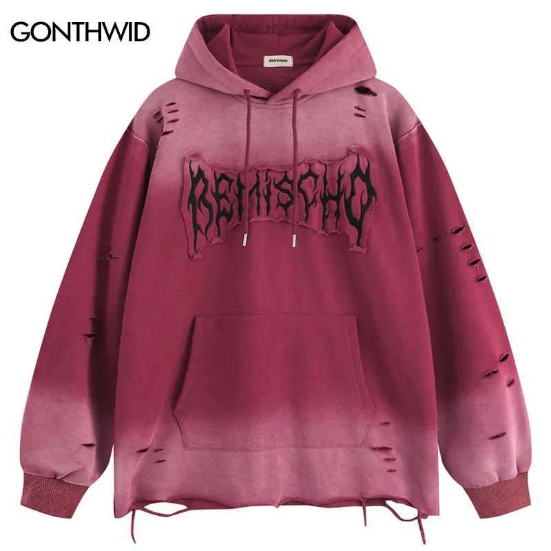 Vintage Hoodie Y2K Grunge Embroidered Ripped Holes Gradient Hooded Sweatshirt Streetwear Men Hip Hop Punk Gothic Baggy Pullover