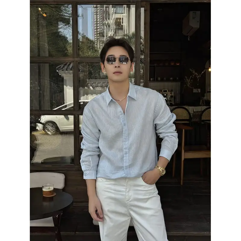 

Men's Fashionable Pure Color Shirt Linen like Commuting Sun Protection Cotton Polyester Blend Long Sleeve Sharp Collar Shirt