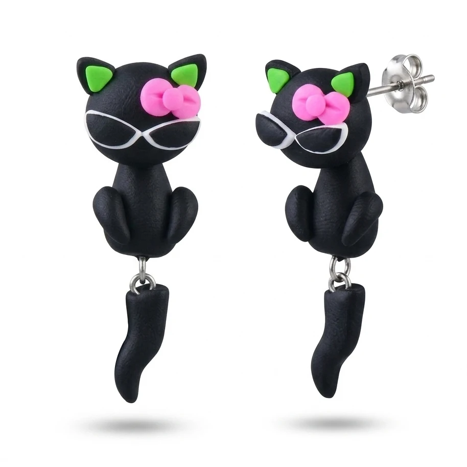 Handmade Black Cat Polymer Clay Stud Earrings For Women Cute 3D Animal Pink Bow Ear Jackets Front Back Piercing Jewelry