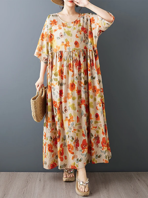 

Summer New plus Size Cotton Linen round Ne A-Line Dr Vintage Loose Fit Floral Print Knee-Length Ciwalk Suitable Dr