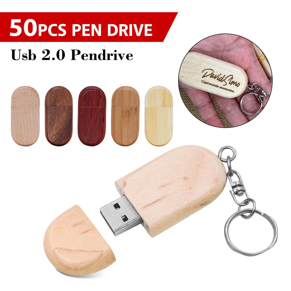 50 PCS/LOT USB Flash Drive Wooden Pen drive Wood USB 2.0 Free custom logo 32GB 64GB Memory Stick for Gift 4GB 8GB 16GB free ring