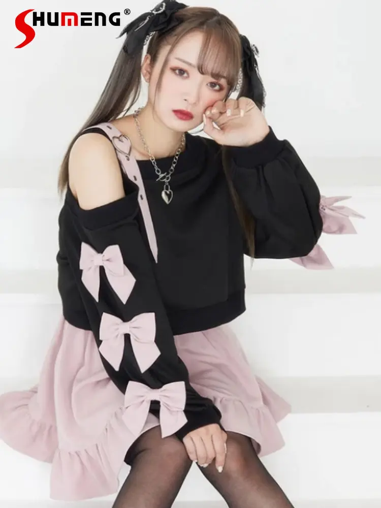 Japanese Style Sweet Kawaii Bow Sweatshirt Female 2023 Spring New Cute Woman Long Sleeve Heart Buckle Off Shoulder Hoodie Top