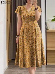 ZANZEA Bohemian Printed Sundress Elegant Slim Dress Woman Short Sleeve V-Neck Dresses Female Summer Vintage Party Robe Oversized