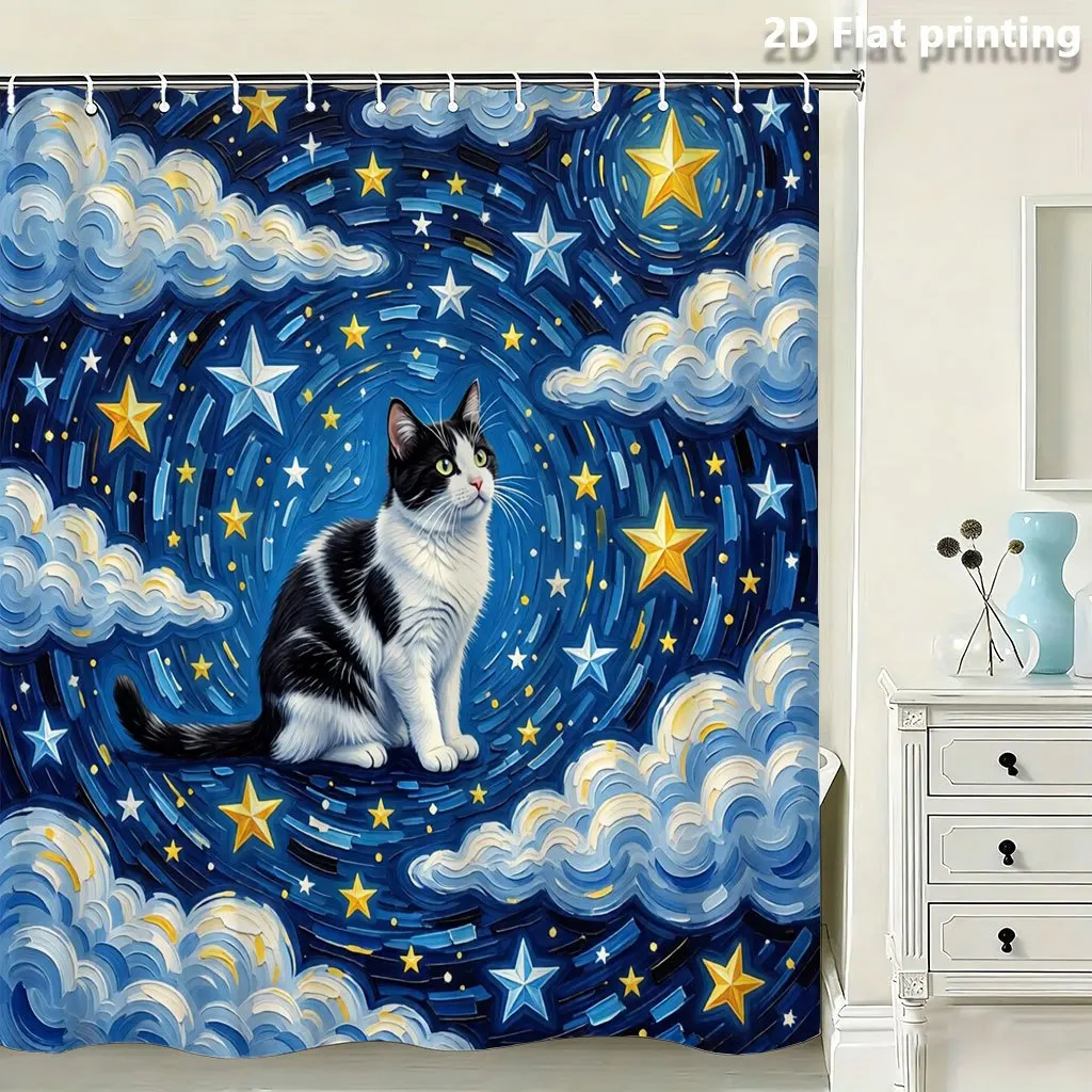 

Watercolor Style Cat Night Sky Galaxy Print Polyester Shower Curtain Blue Stars Celestial Bathroom Decor Curtain Liner