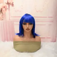 Bright Blue Flared‑End Straight Bob Wig with Fringe, Synthetic Wig for African American Women Festival Street‑Style Daily Wear 2