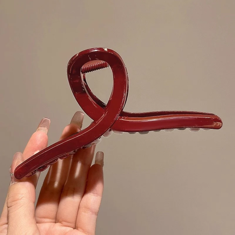 Women Large Dark Red Color Hair Claws Barrettes Hairpins Plastic Ponytail Hair Clips Girls Senior Hair Shark Clip Accessories