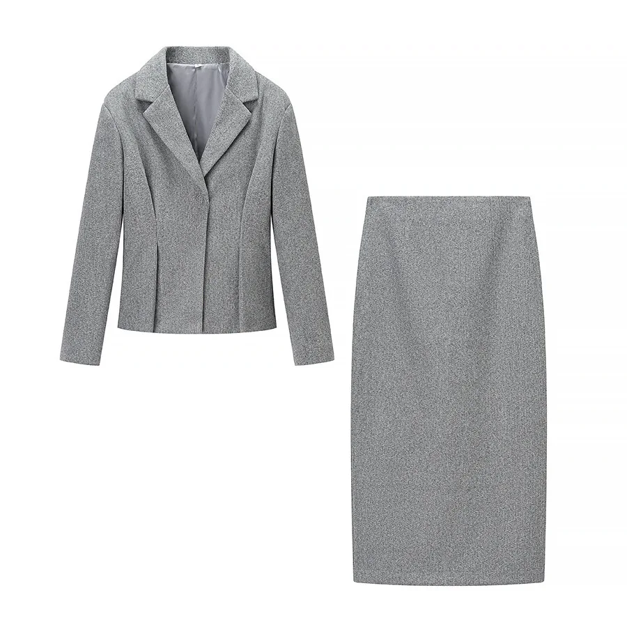 الخريف والشتاء المرأة موضة الياقة المدورة السترة عالية الخصر بلون سليم صالح منتصف طول ألف خط تنورة قطعتين مجموعة #2