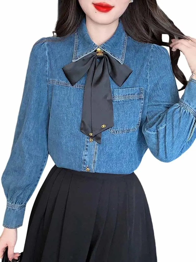 Autumn Spring Denim Women Shirts Bows Sweet Solid Korean Fashion Basics Blouses Elegant Casual Loose Blusas Mujer