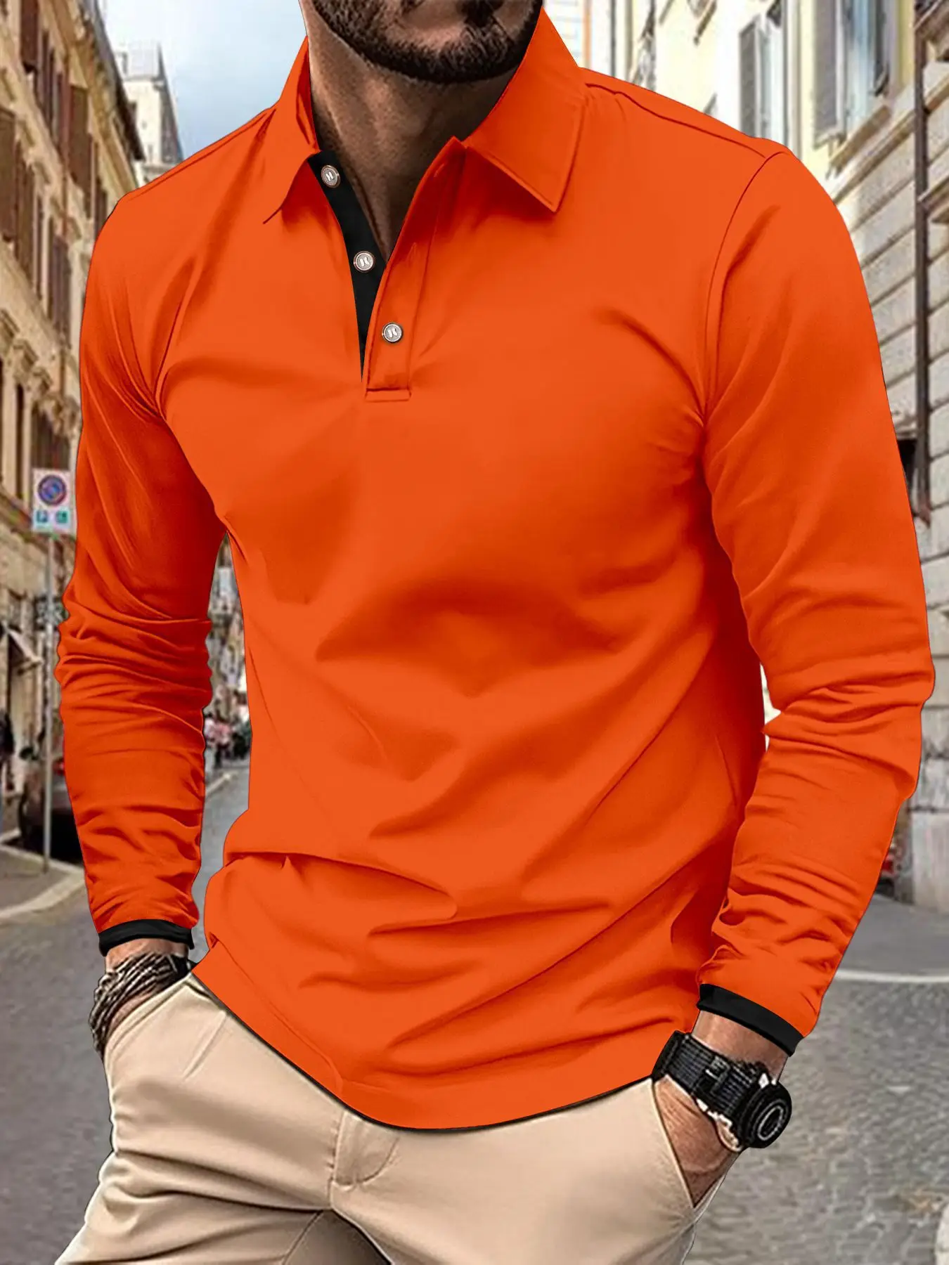 

Men's solid color business slim-fit POLO shirt spring and autumn new lapel color matching long-sleeved leisure fitness sports sh