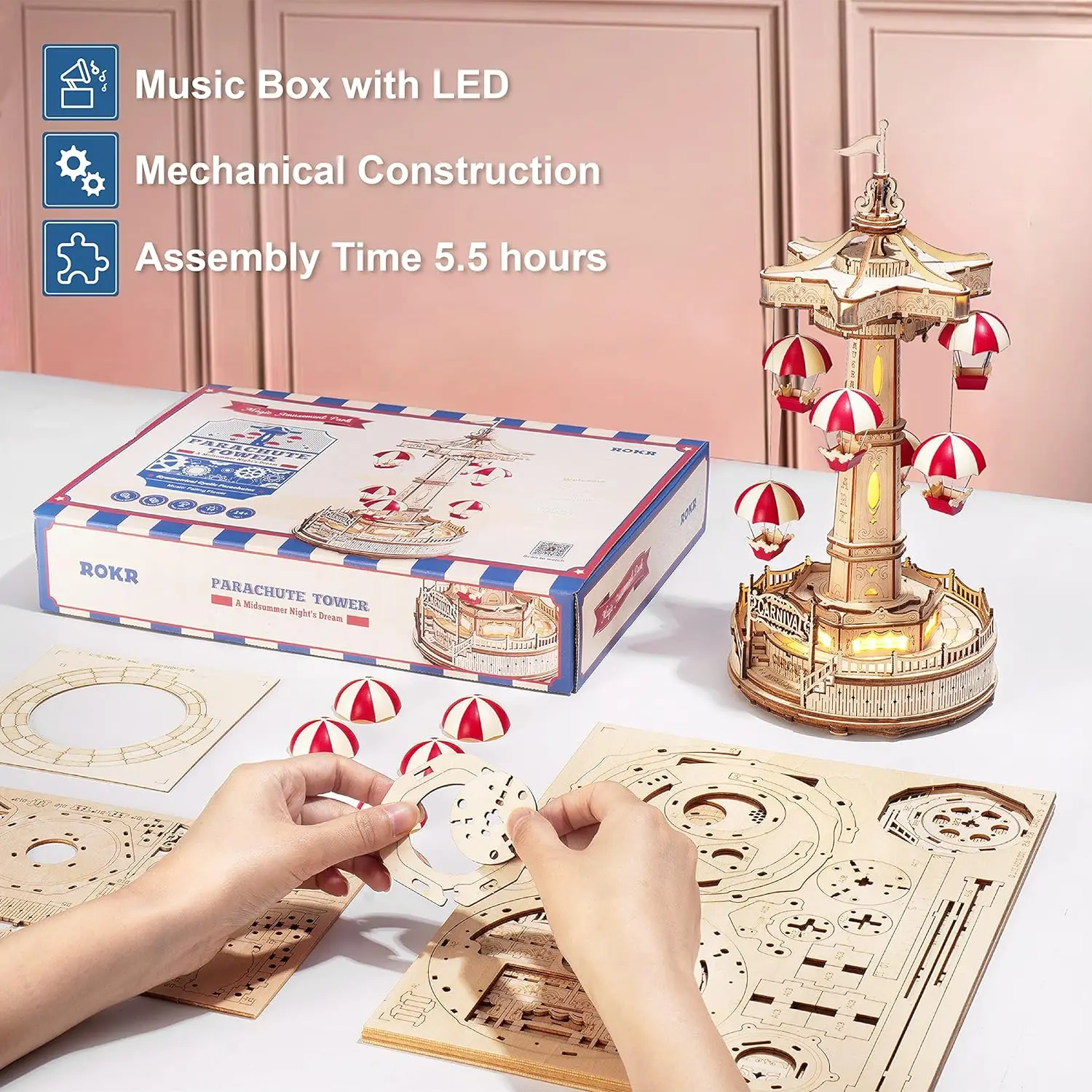 Robotime ROKR Magic Amusement Park Wooden Toys DIY Music Box Moveable 3D Wooden Puzzle for Kids Gifts for Christmas EA