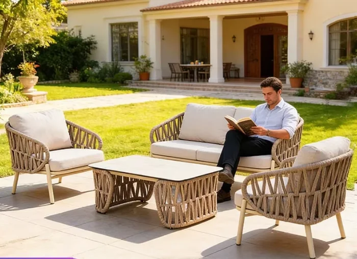 Outdoor Furniture Metal Rattan Rope Sofa Bed Waterproof for Guesthouse Villa Pool Club & Courtyard Leisure