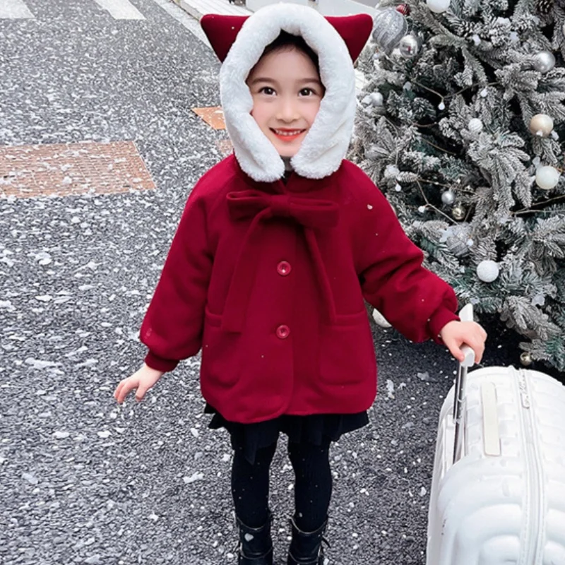 

Girls Woolen Coat Overcoat Jacket Windbreak 2024 Red Wine Warm Plus Thicken Autumn Winter Cotton Teenagers Children's Clothing