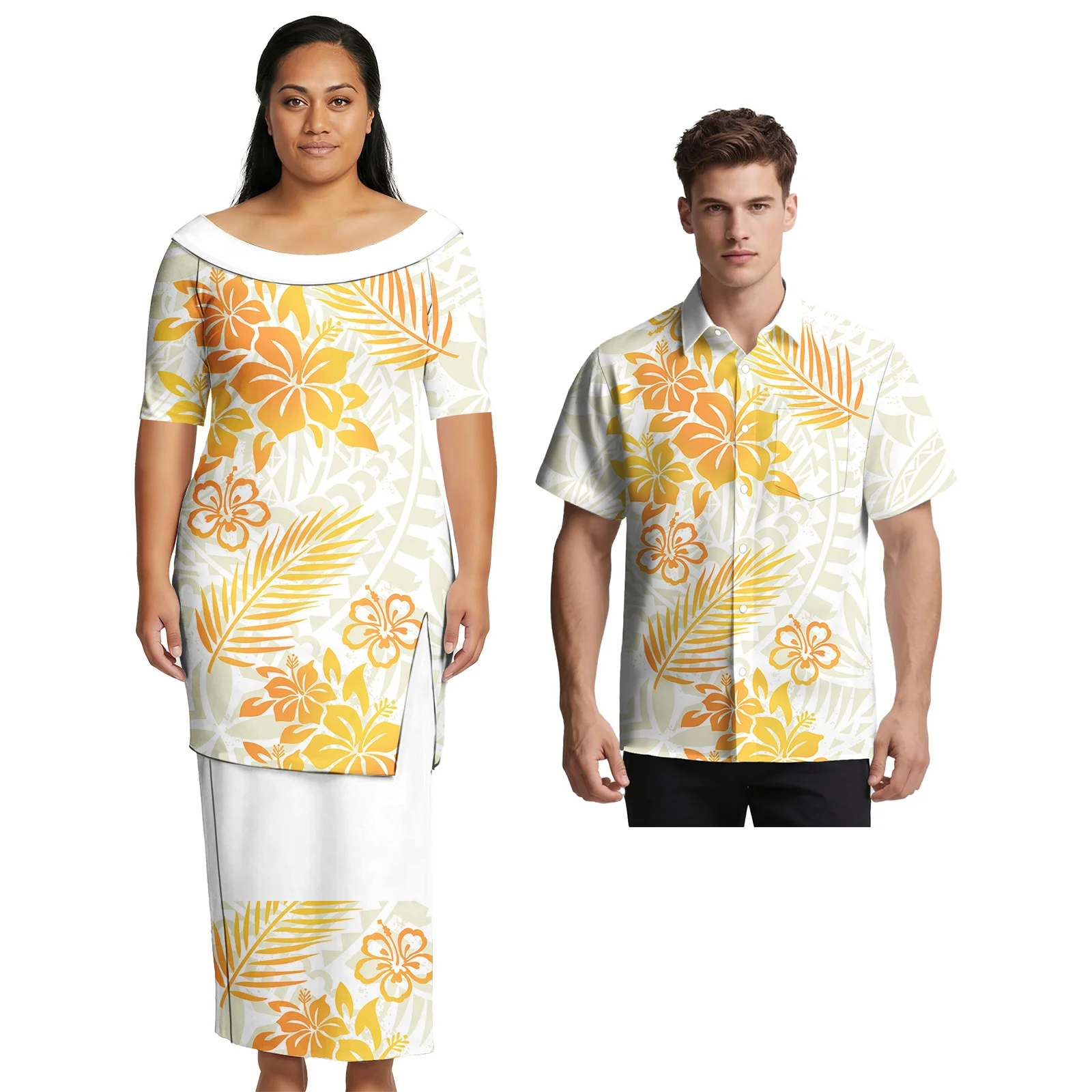 Unisex Plumeria Hawaiian Print Custom Clothes Samoan Couple Suit Polynesian Oversize Women Skirts Men Shirt Couple Match Outfits
