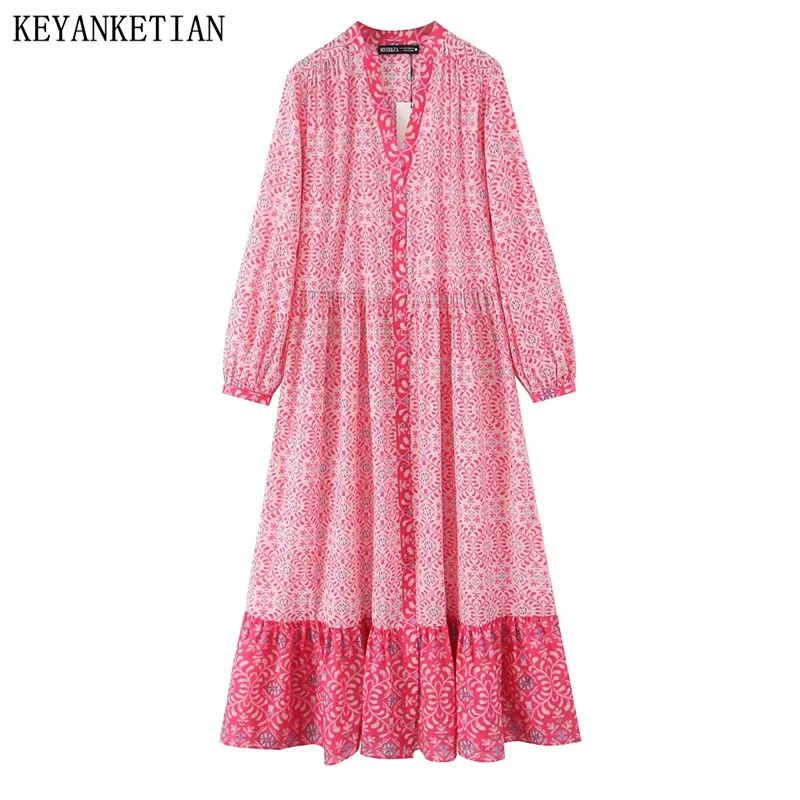 

KEYANKETIAN 2025 Spring New Holiday wind Flower Print MIDI Dress Women's V-Neck Single Breasted Long Sleeve Loose A Line Dress