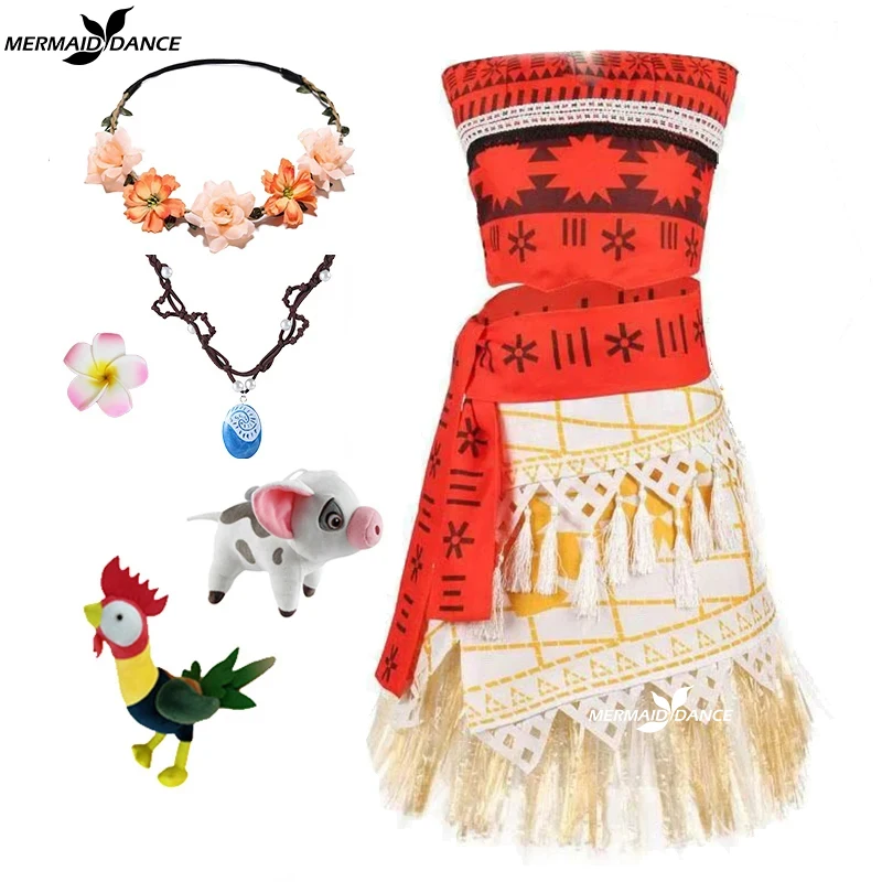 Adult Kids Princess Vaiana Moana Costume Dresses with Necklace Wig Women Girls Halloween Party Moana Dress Cosplay Full Set