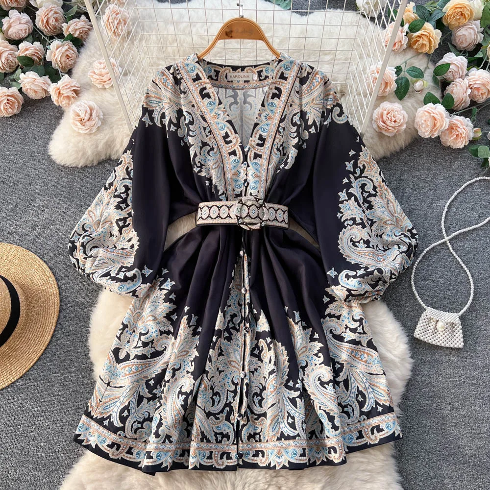 Vestido estampado bohemio de manga larga con cuello en V para mujer, vestido Retro de porcelana blanca y azul de estilo chino con manga acampanada, moda de otoño