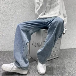 Spring Autumn Men's High Waisted Button Distressed Zipper Pockets Jeans Solid Sports Loose Straight Tube Workwear Casual Pants