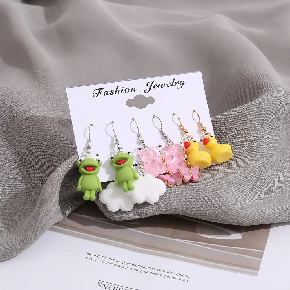 5Pcs/Set Creativity Animal Frog Duck Dangle Earring Clouds Gummy Bear Drop  Funny For Woman Girl Kids Gift Punk Jewelry