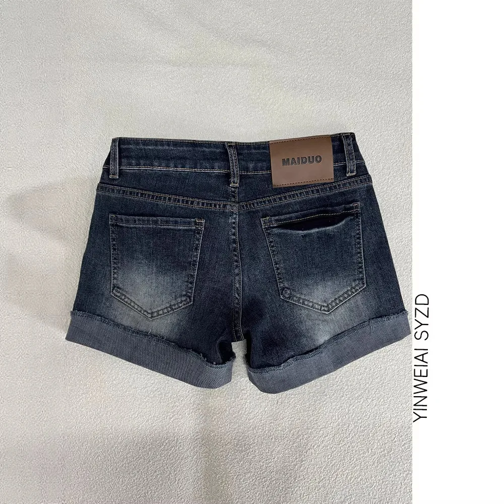 Retro Washed Dark Blue Curled Denim Shorts Women's Summer Y2k Low-rise Elastic Hip-wrapped Hot Pants