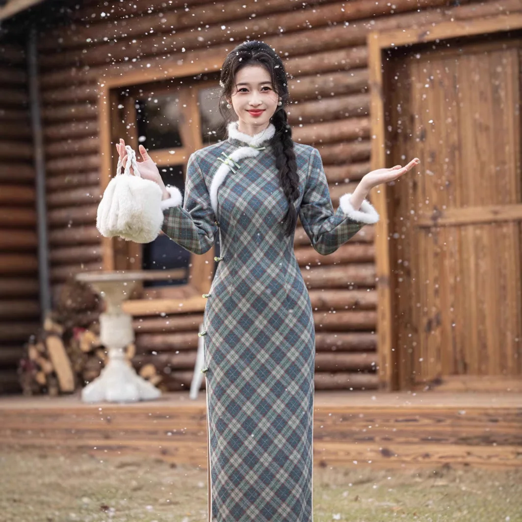 Yourqipao 2024 Winter New Style Velvet Thickened Long Chinese Cheongsam Elegant Qipao Women Dress