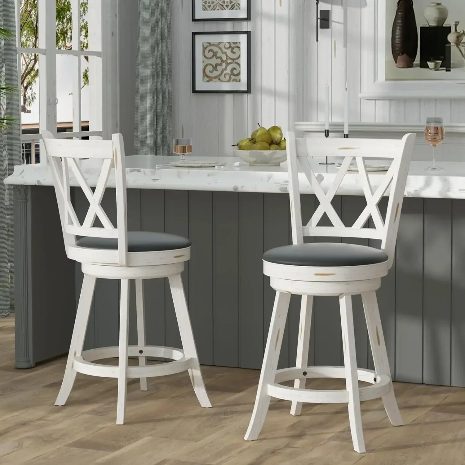 24" Counter Height Swivel Bar Stools - High Back Swivel Counter Stools with Upholstered Seat & Solid Wood Footrest, Counter Bar