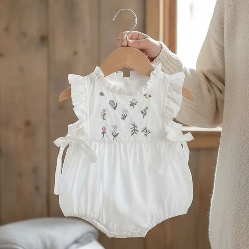 2026 Summer New Hot Selling Girls' Cotton Floral Embroidery One-piece Sleeveless Crawling Clothes