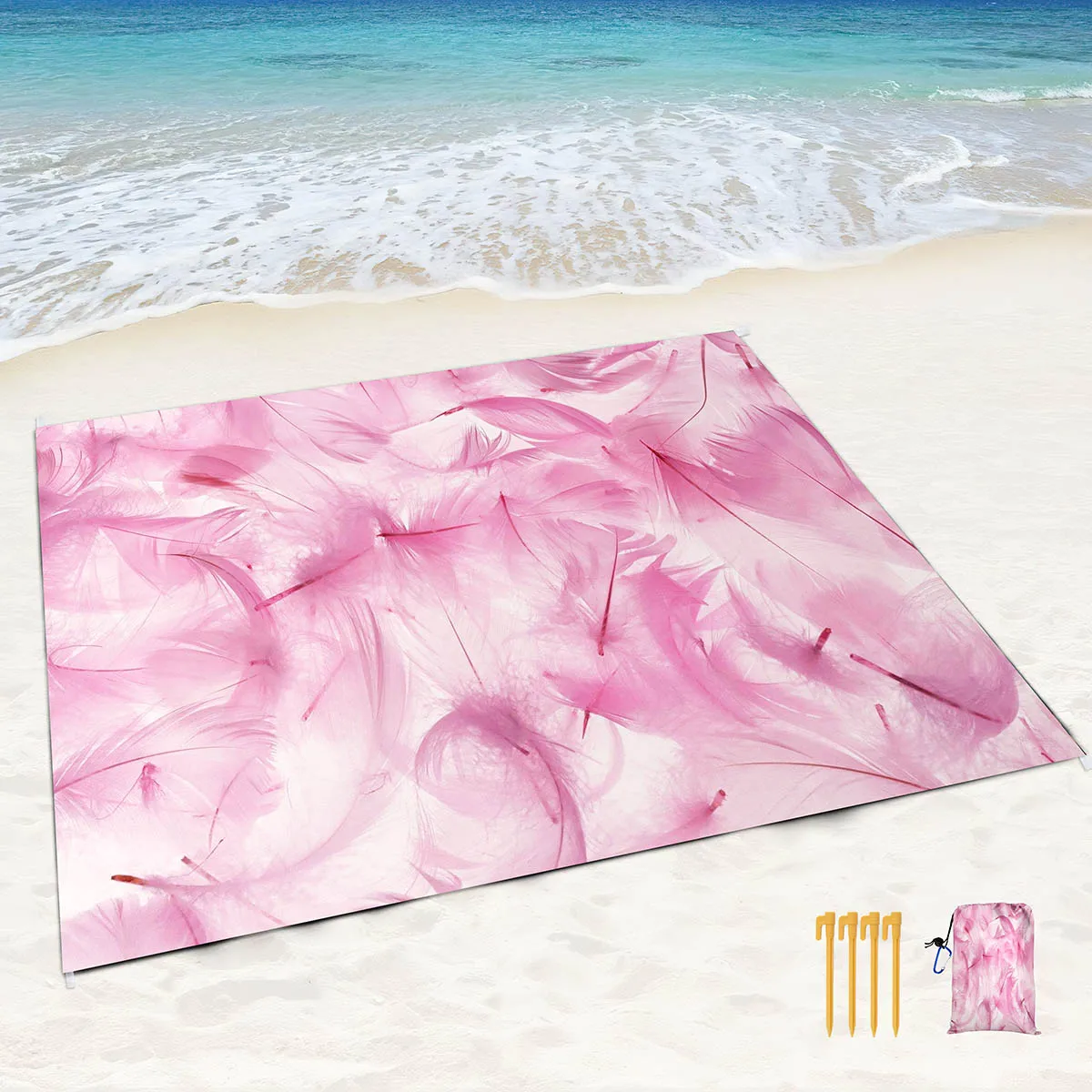 Soft Feathers Print Sandproof Beach Blanket,Beach Mat Waterproof Quick Drying Lightweight Picnic Blanket with Pocket for Travel